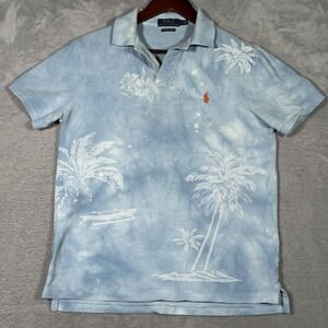 Polo Ralph Lauren Polo Shirt Mens M Blue Palm Tree Tie Dye Custom Slim‎ Hawaiian